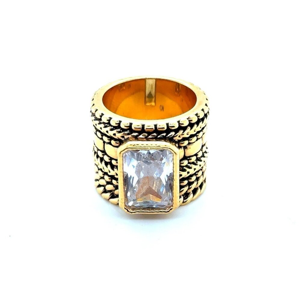 Gold Textured Band Ring with Clear Rectangular Stone